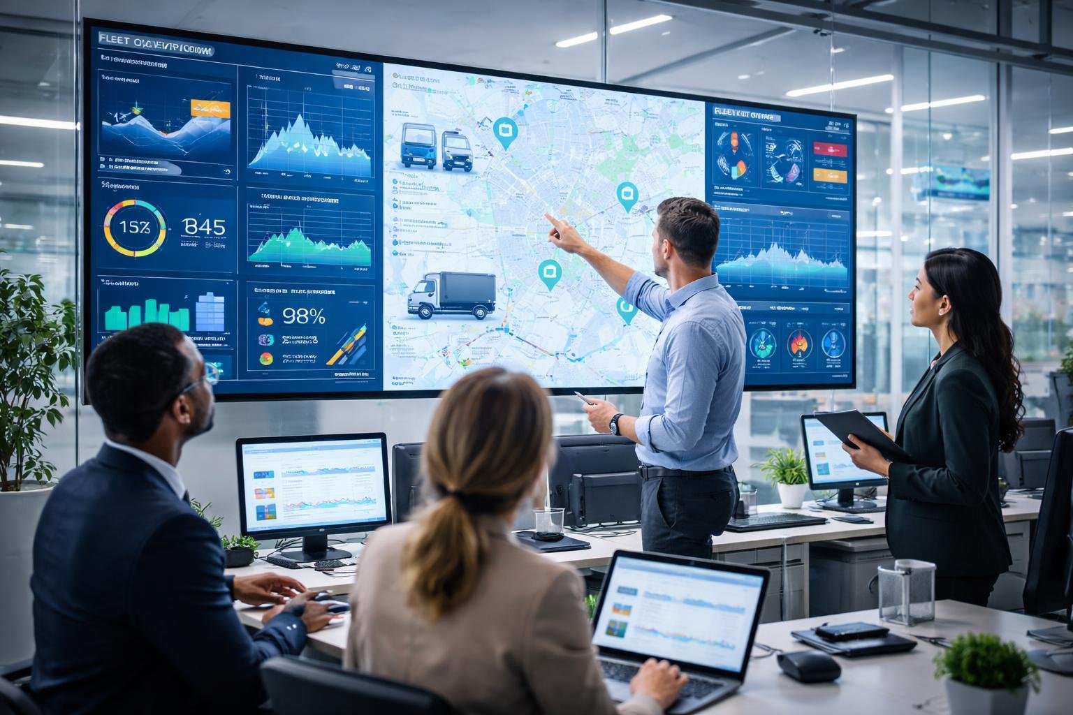 A group of professionals analyzing fleet telematics data on large digital screens in a modern office.