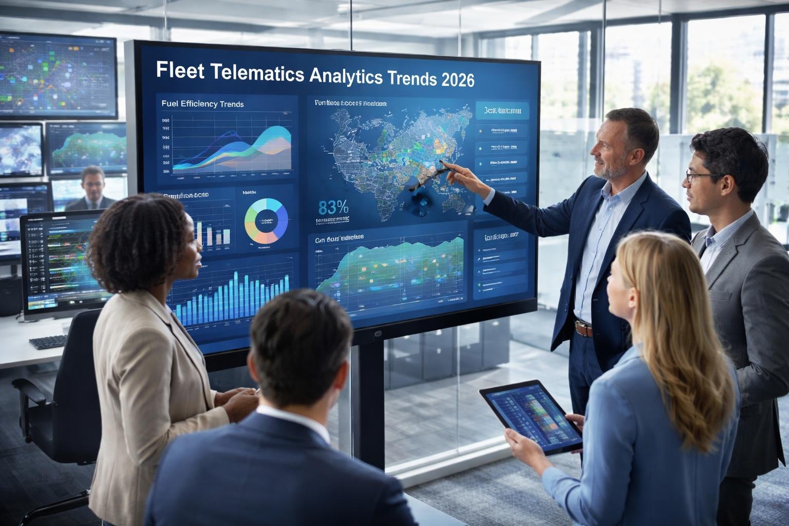 Business professionals analyzing fleet telematics data on digital screens in a modern office.