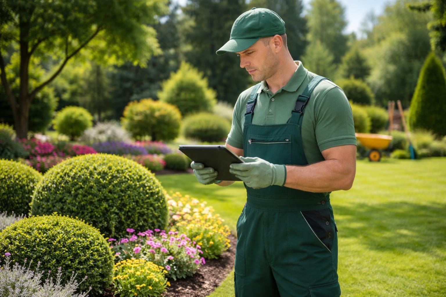 A landscaping technician wearing a green uniform using a tablet while inspecting a well-maintained garden with trimmed bushes and flower beds.