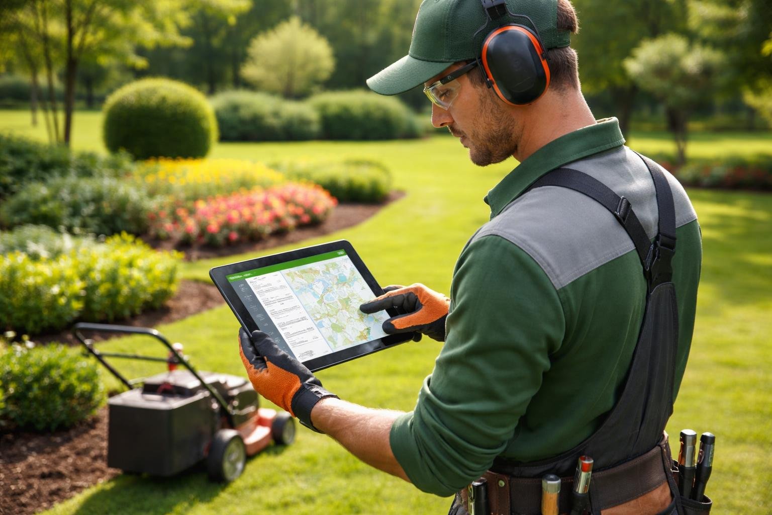 A landscaping technician outdoors holding a tablet and monitoring landscaping tasks in a garden with green grass and plants.