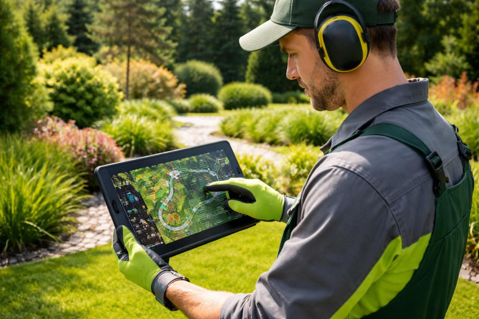 A landscaping technician using a GPS tracking device while standing in a well-maintained garden.