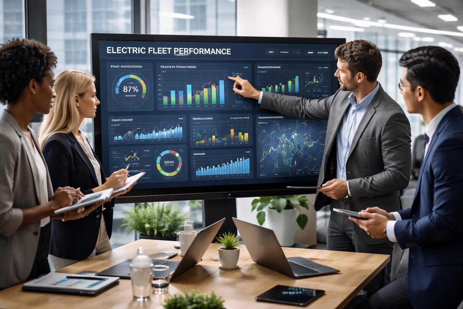 Business professionals collaborating around a digital display showing graphs and charts related to electrical fleet performance metrics in a modern office.