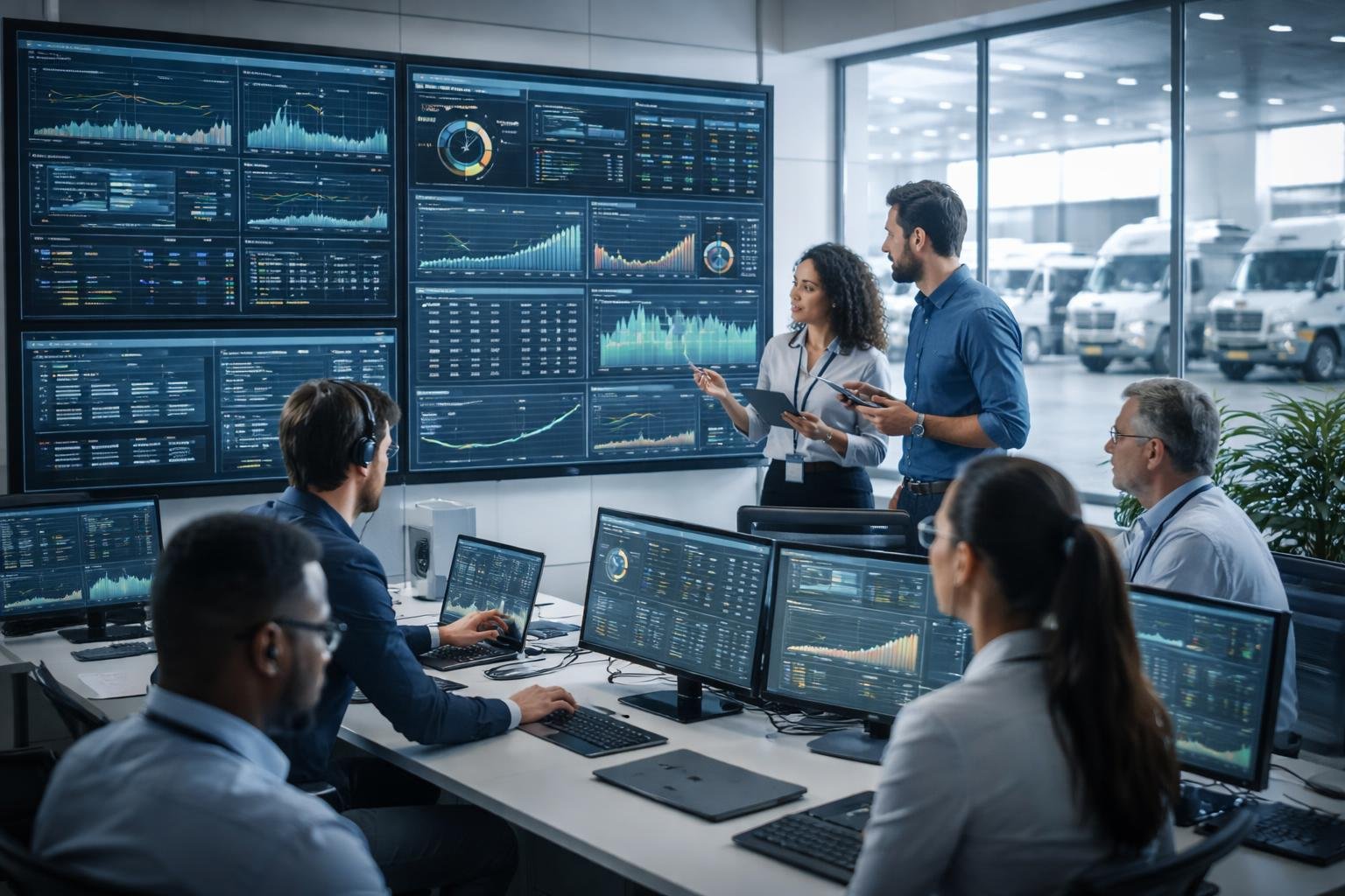 Engineers and technicians monitoring electrical fleet performance data on large digital screens in a modern control room.