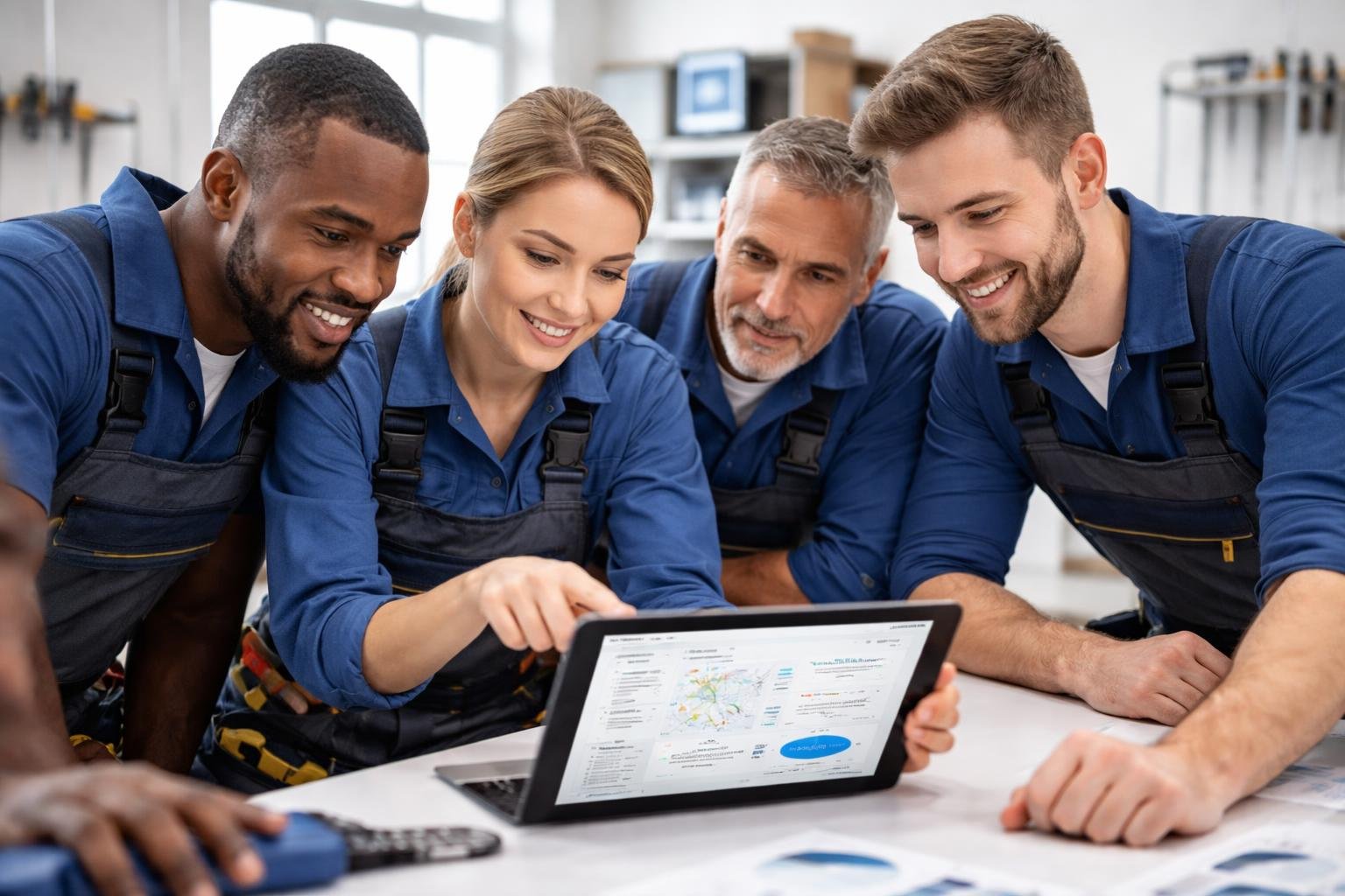 Plumbing professionals looking at a digital tablet displaying fleet management data in an office setting.