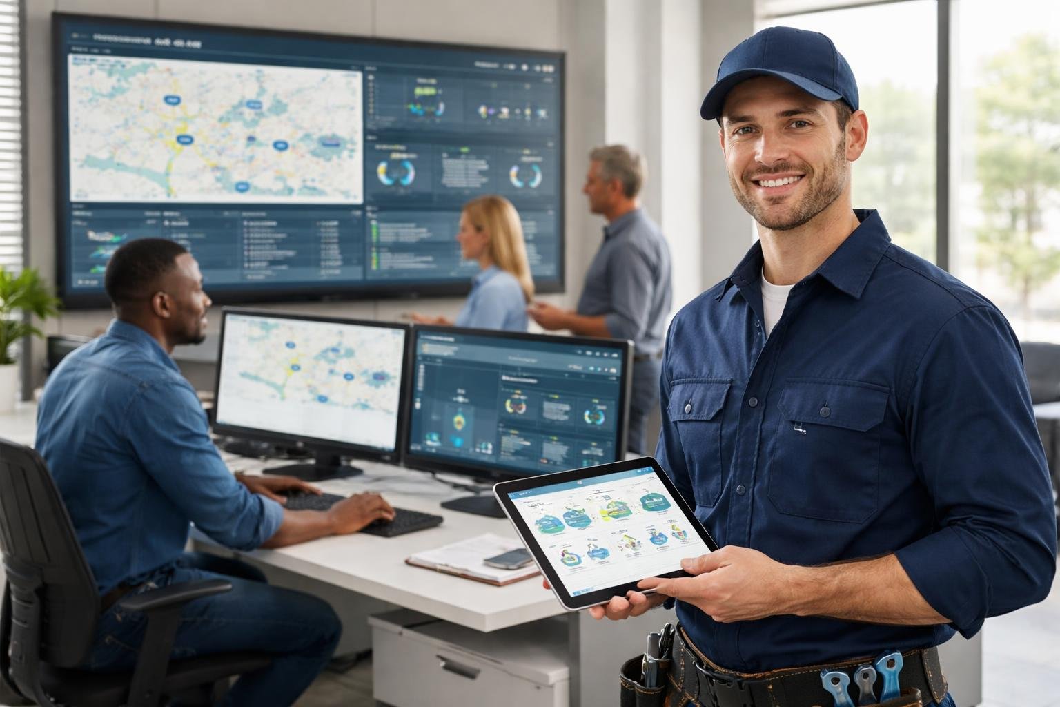 A team of professionals reviewing digital fleet management data on screens and tablets in a modern office.