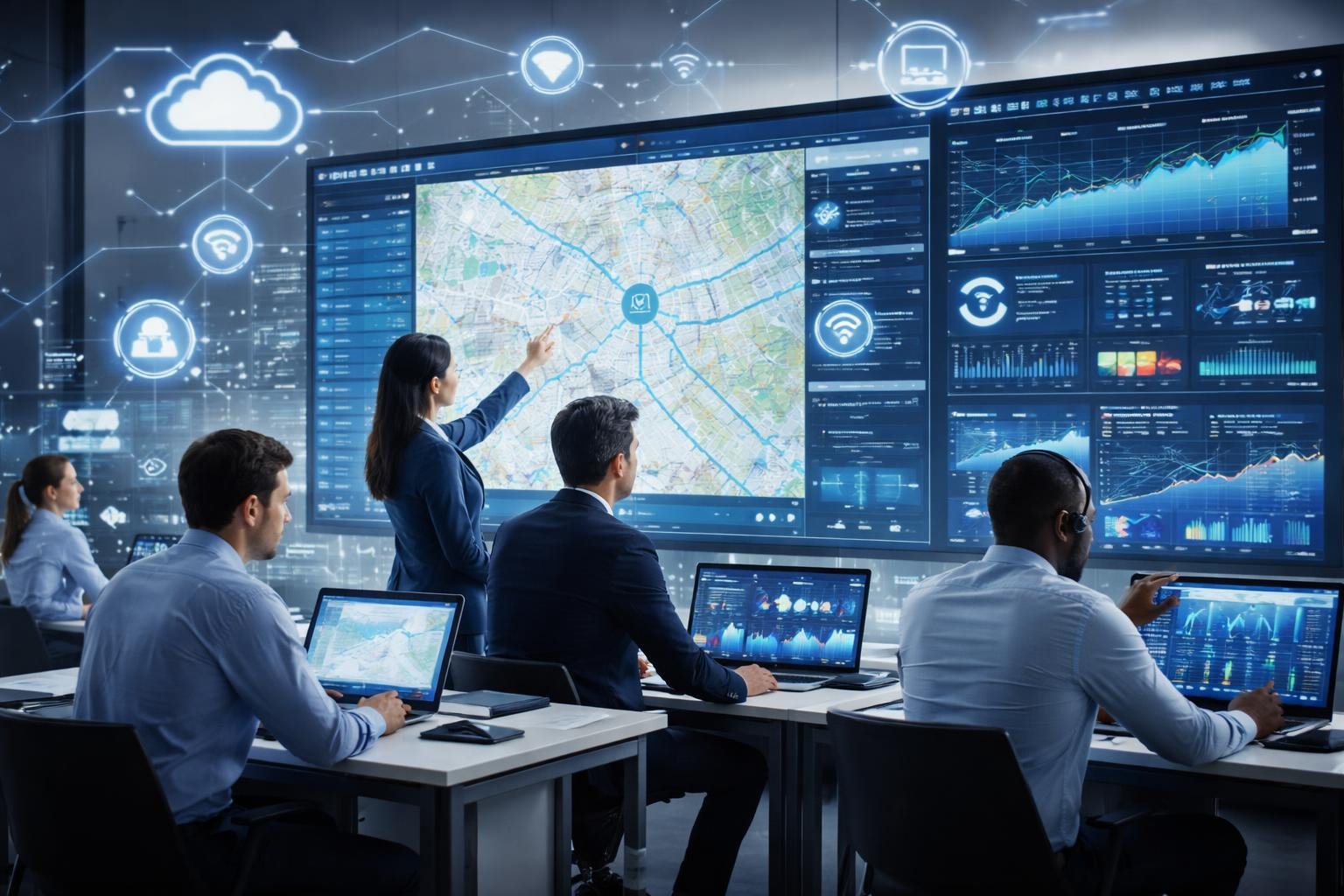 A team of professionals working in a control room with large screens showing vehicle data and maps for telematics analytics.