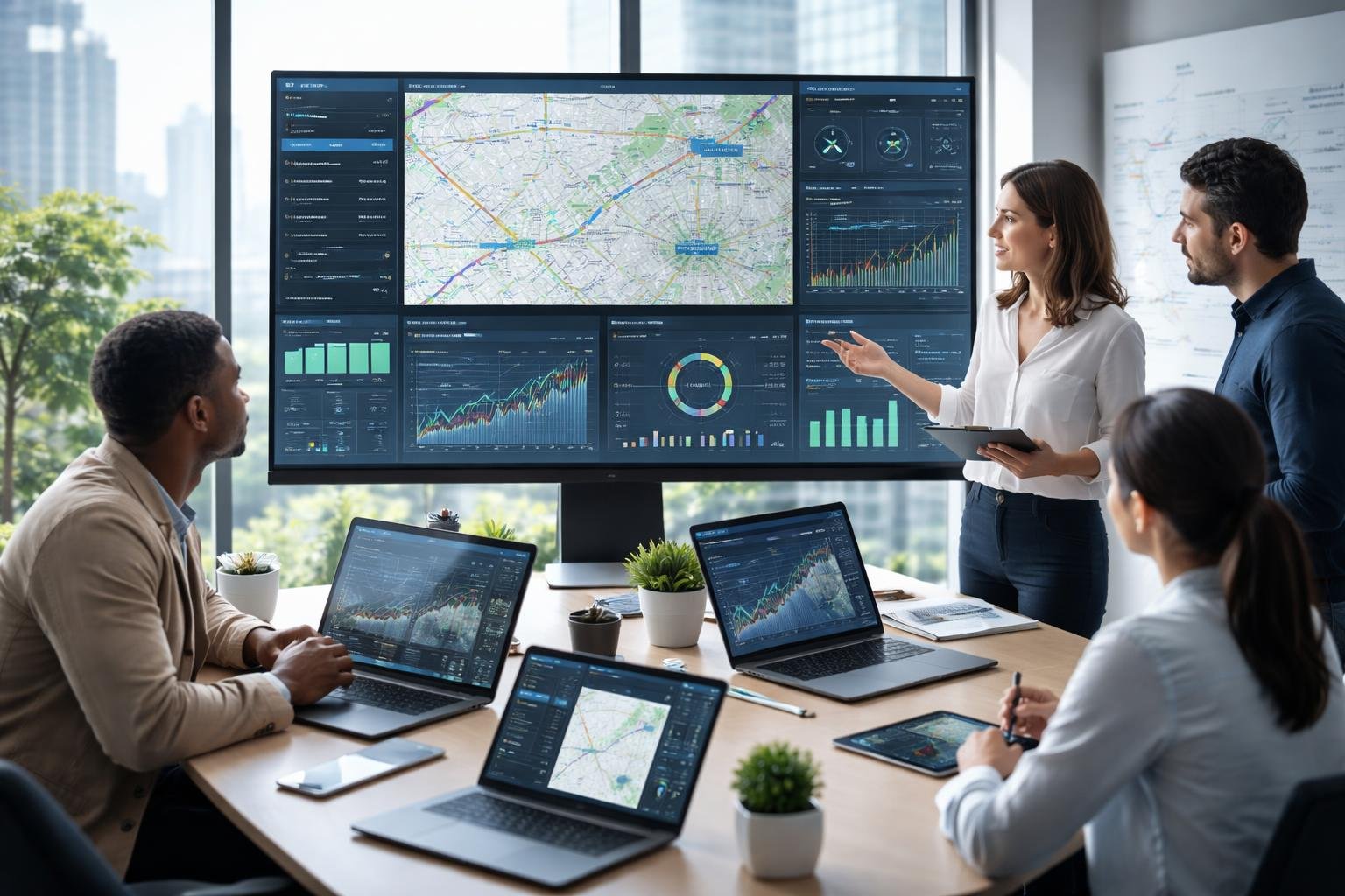 A team of professionals analyzing vehicle telematics data on multiple digital screens in a modern office.