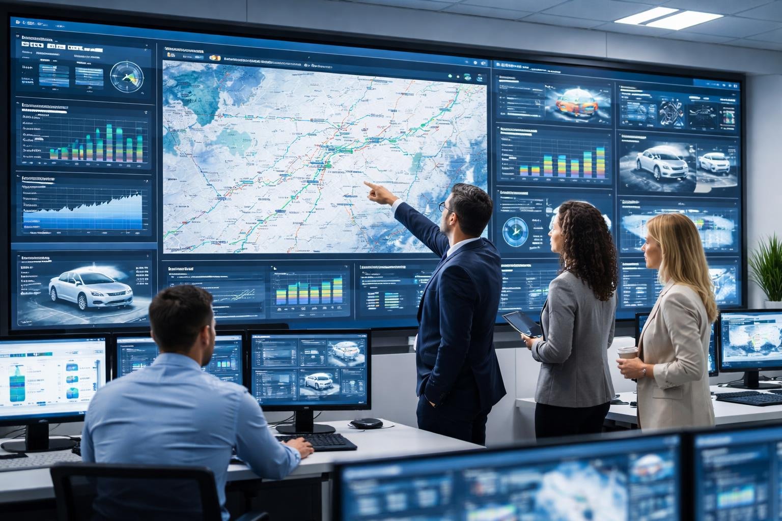 A team of professionals analyzing vehicle data on large digital screens in a modern control room.