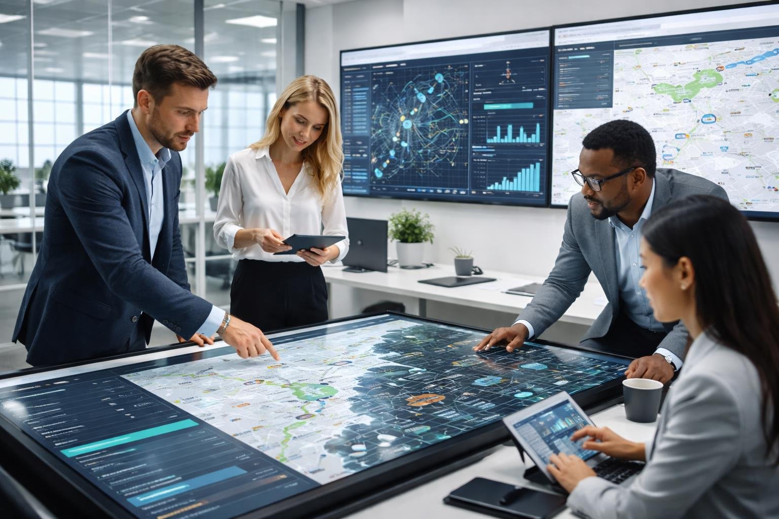Business professionals collaborating around digital screens showing fleet data and maps in a modern office.