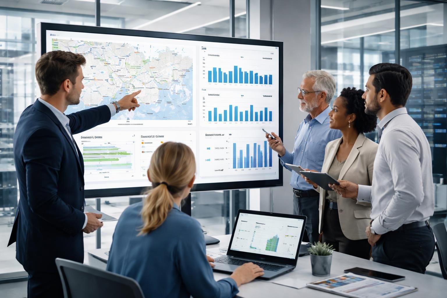 A group of professionals analyzing fleet data on a large touchscreen in a bright office.