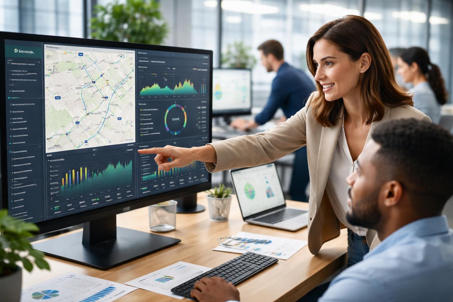 A team of professionals analyzing fleet telematics data on multiple computer screens in a modern office.