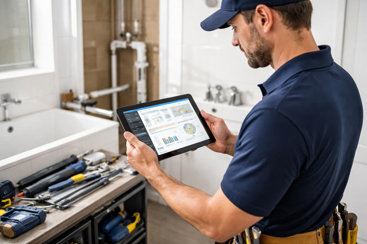 A plumbing technician using a digital tablet to track work progress in a bathroom under renovation with plumbing tools and pipes visible.