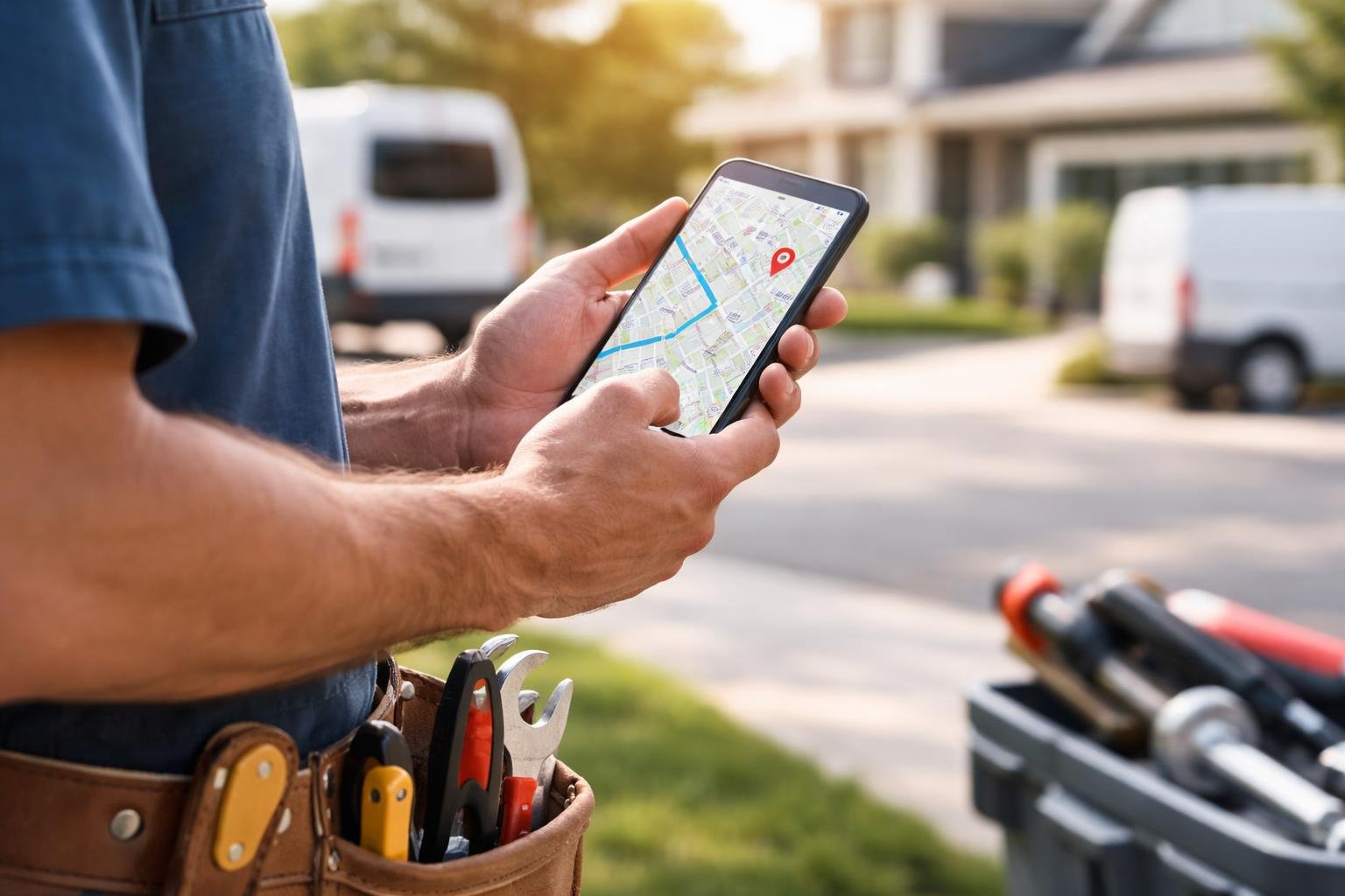 A plumbing technician outdoors holding a smartphone displaying a GPS tracking app, with houses and service vans in the background.