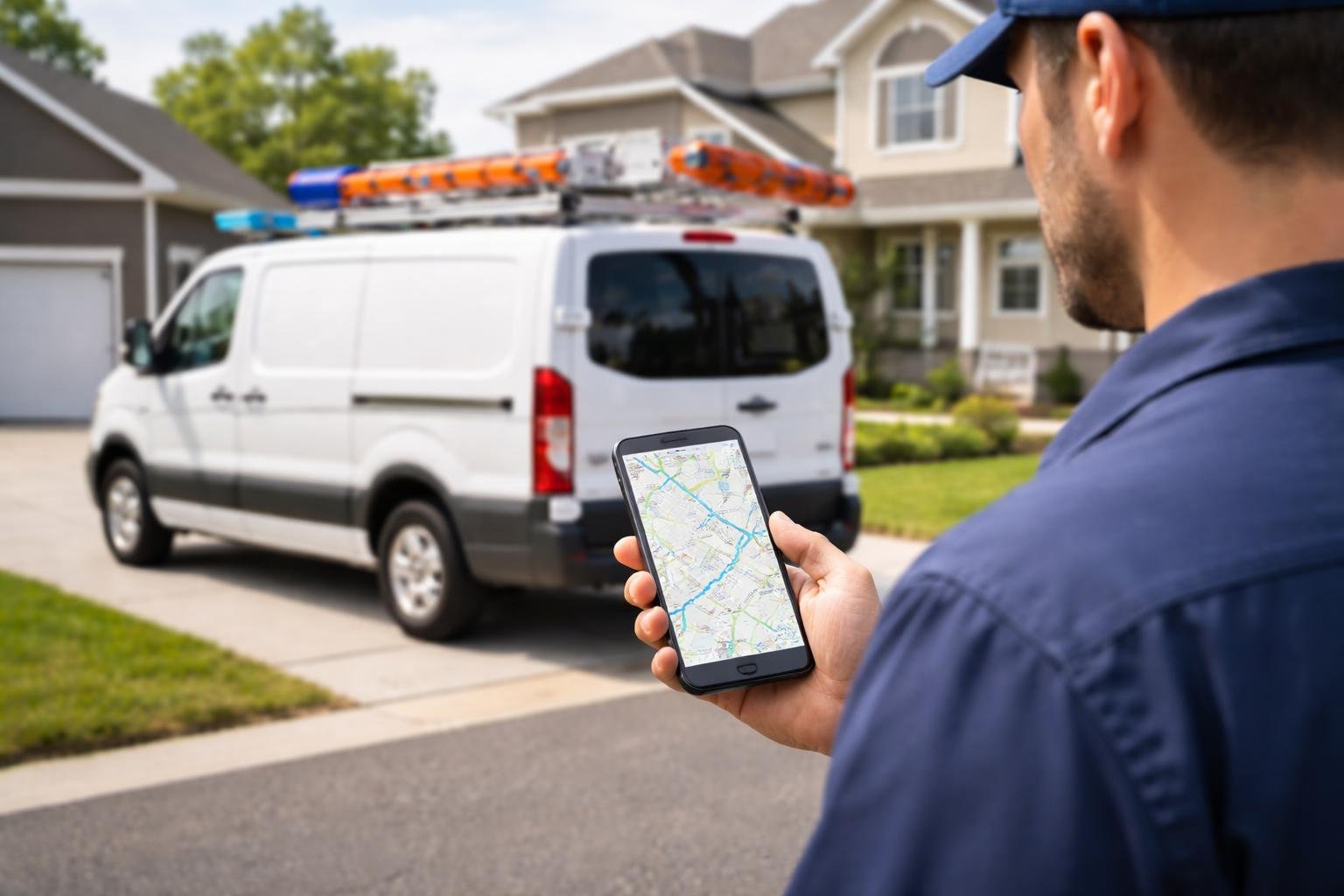 An HVAC service technician using a tablet to track a service van parked in a residential neighborhood.