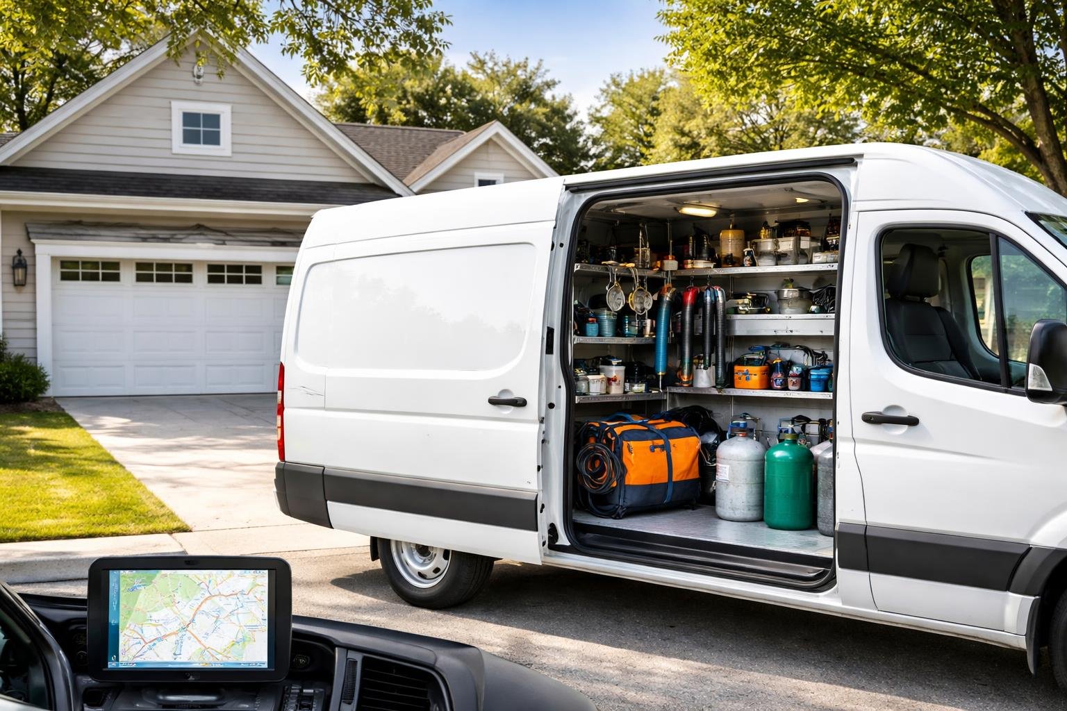 An HVAC service van parked outside a house with a GPS device showing a map inside the vehicle.