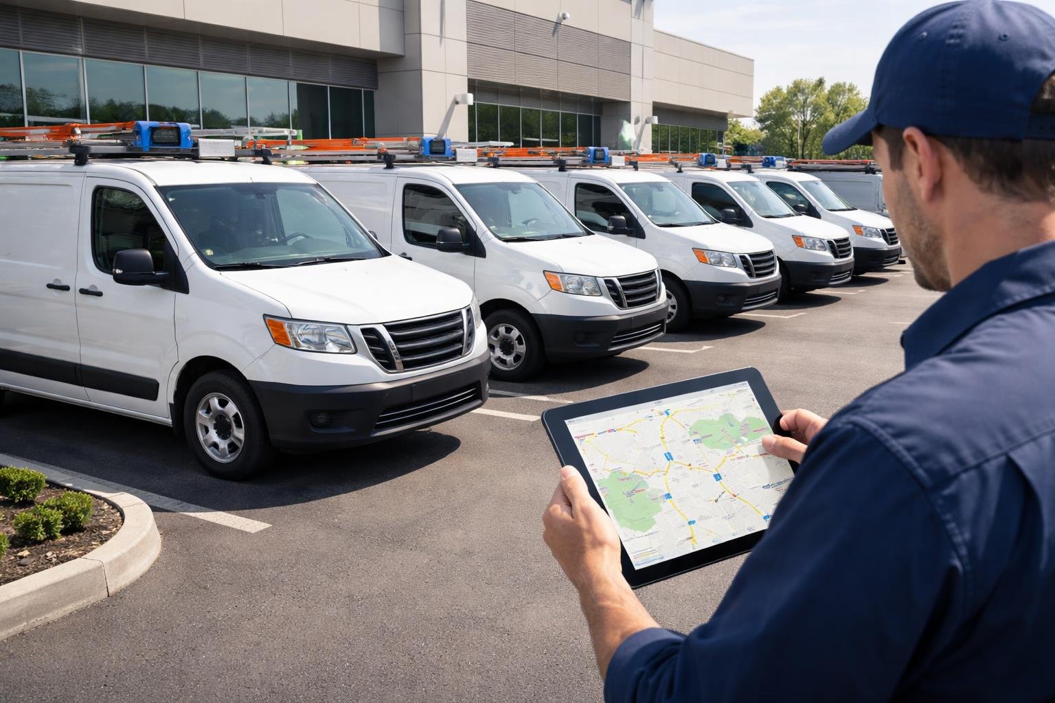 A technician using a tablet to track a fleet of HVAC service vehicles parked outside a commercial building.