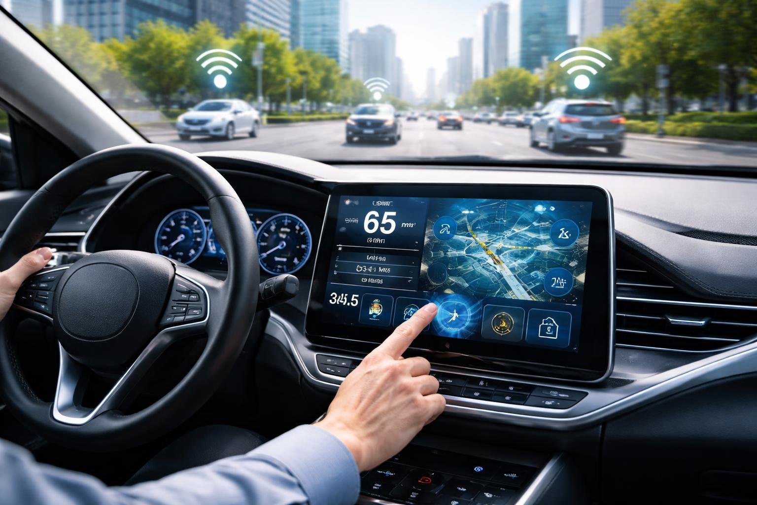 Inside view of a car dashboard showing a digital touchscreen with vehicle data and a cityscape with connected vehicles outside the window.