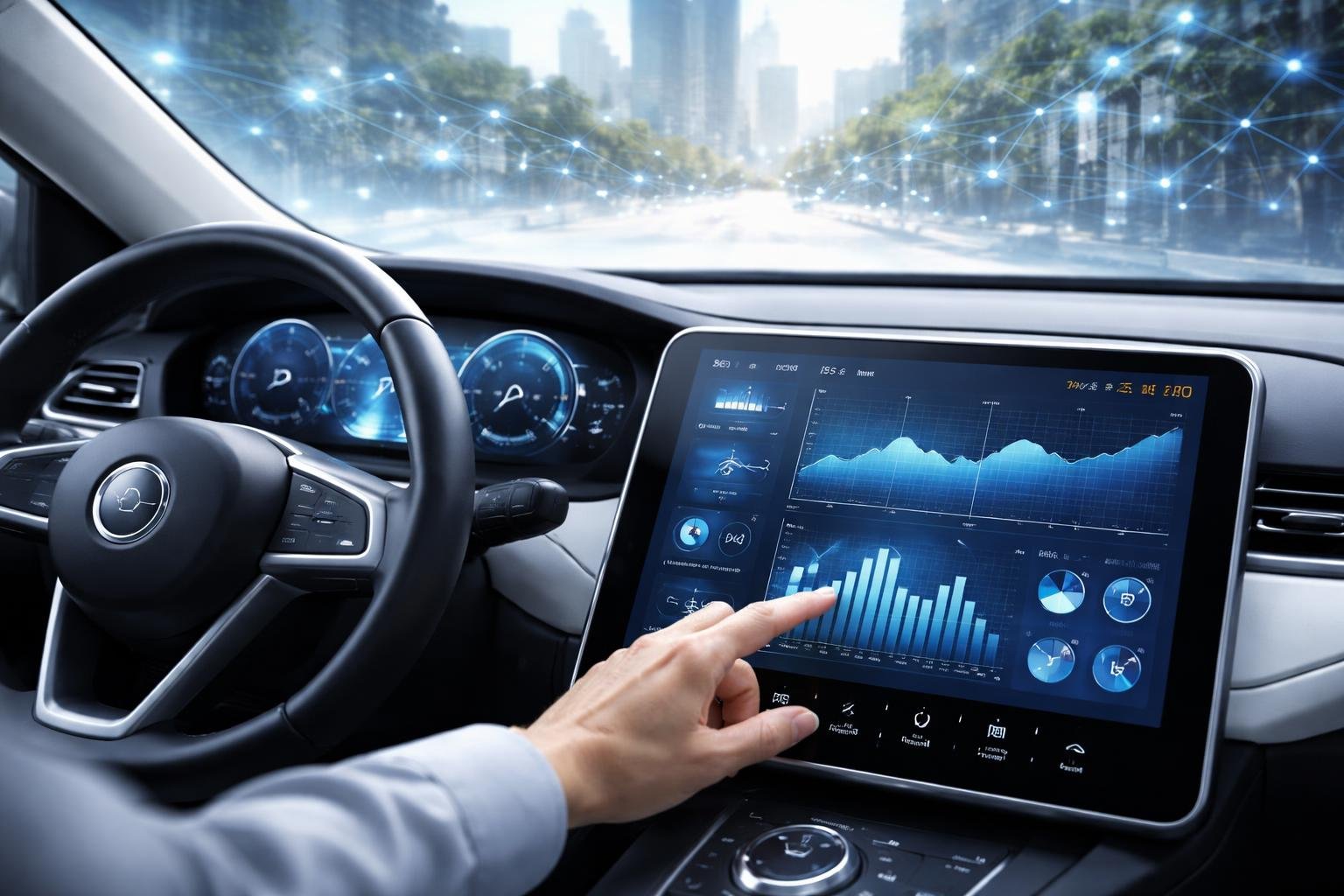 A car dashboard with digital displays showing real-time vehicle data and a hand interacting with a touchscreen interface displaying graphs and maps.