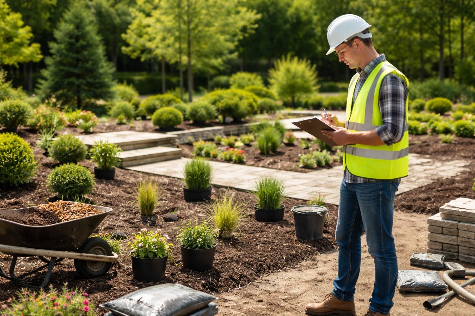 A person wearing a hard hat and safety vest inspects a landscaping job site with plants, soil, and garden materials on a sunny day.