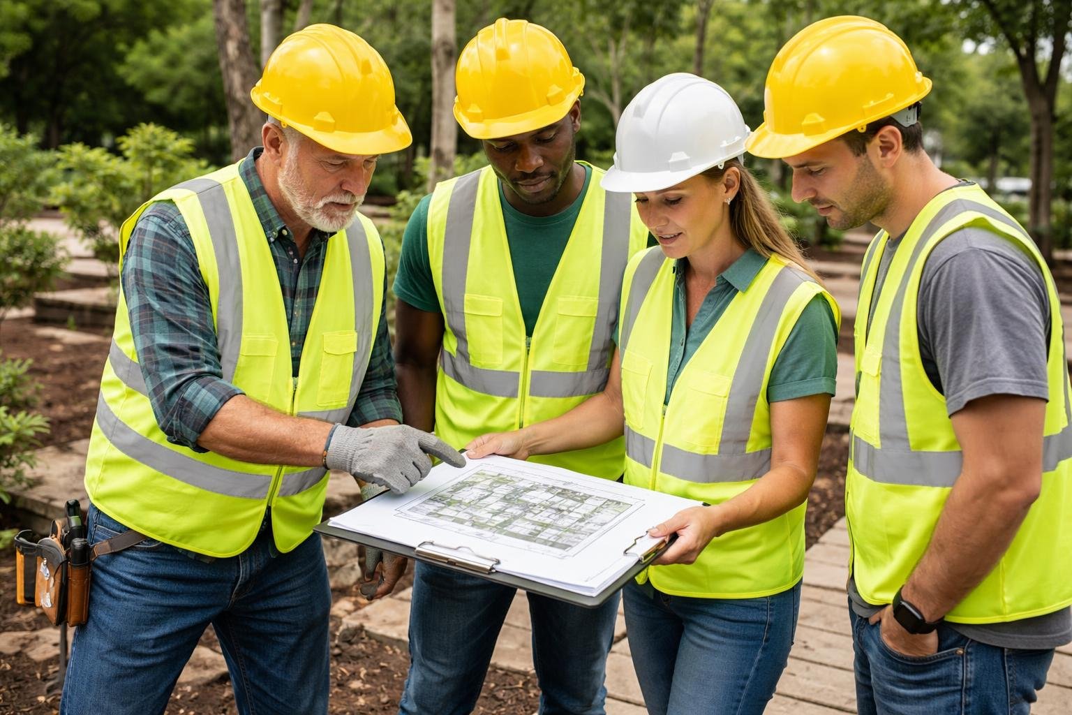 Landscaping professionals in safety gear reviewing plans at an outdoor garden job site with plants and tools around.