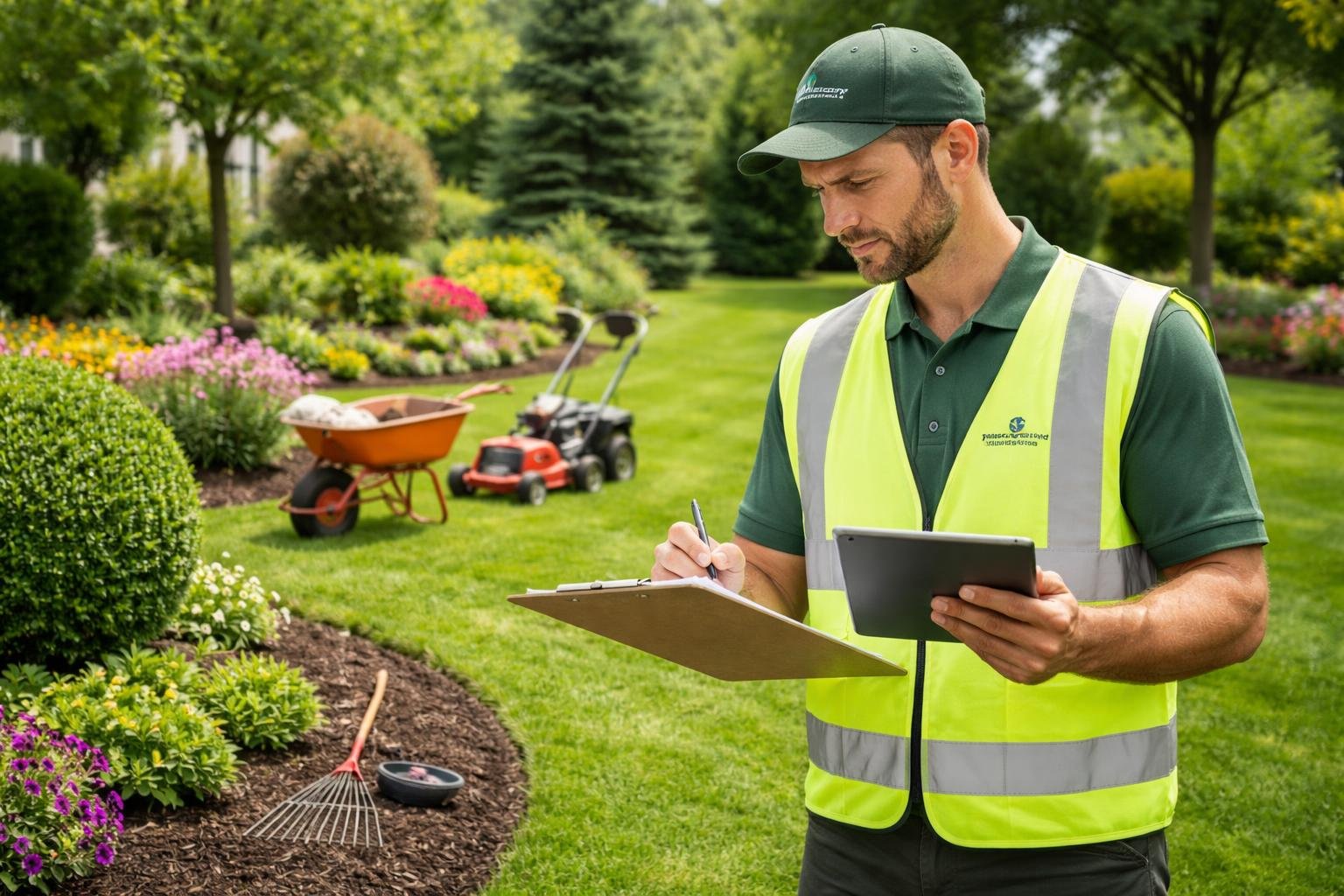 A landscaper in a uniform inspecting a residential yard with a clipboard and tablet, surrounded by gardening tools and equipment.
