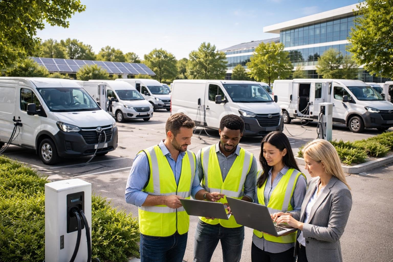 A group of professionals managing a fleet of electric utility vehicles parked near charging stations outside a modern office building.