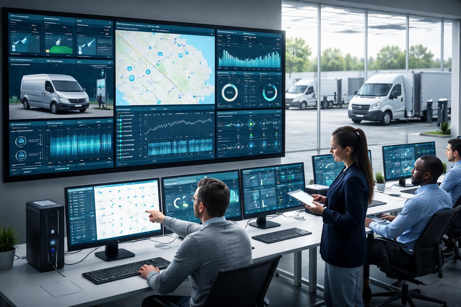 A team of professionals monitors digital screens showing data and maps in a control room overlooking electric delivery vehicles connected to charging stations.