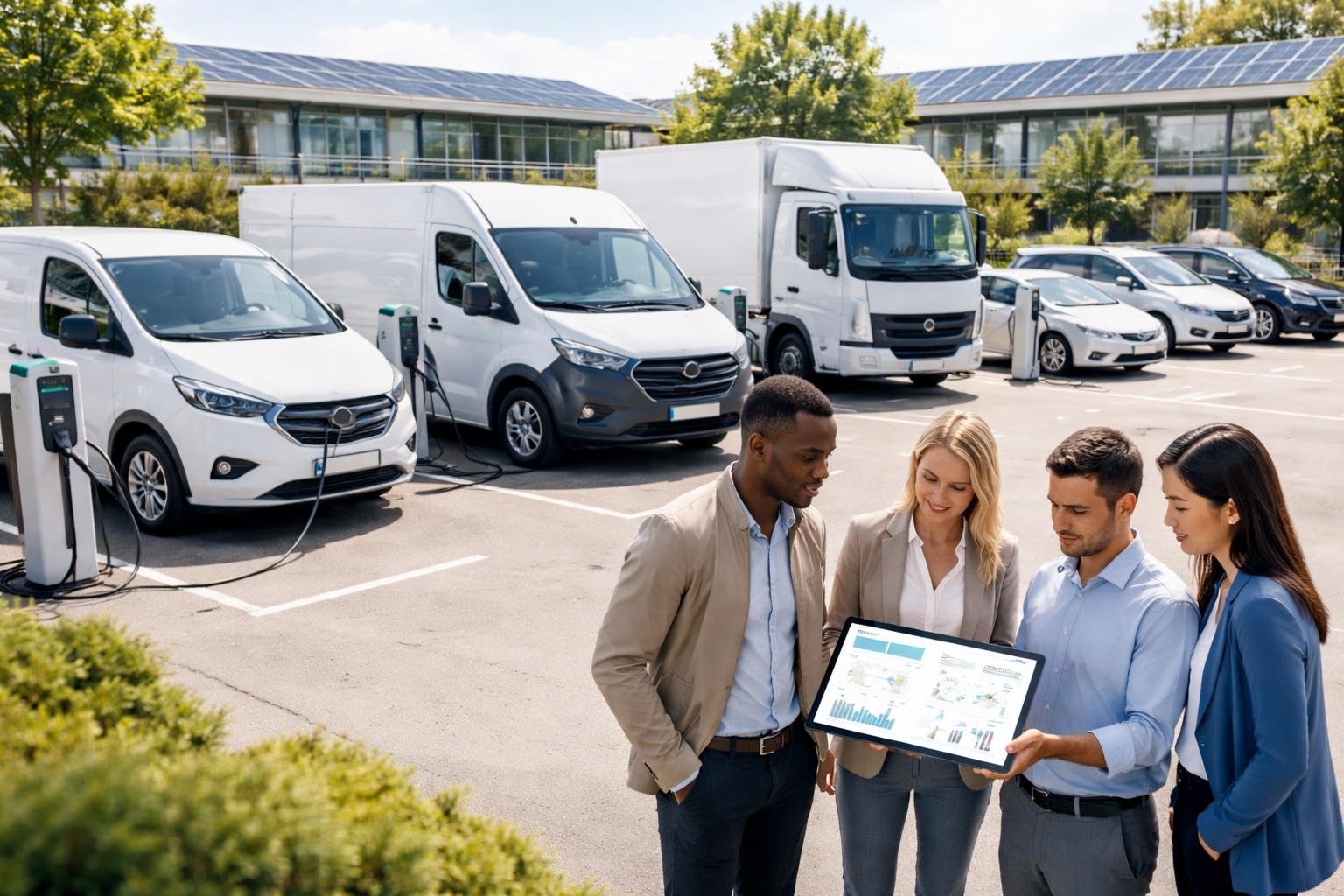 Business professionals reviewing electric fleet management software near a parking lot with electric vehicles and charging stations.