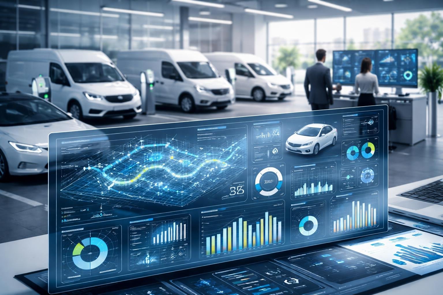 A fleet of electric vehicles with digital data displays showing analytics and professionals working in a modern office.