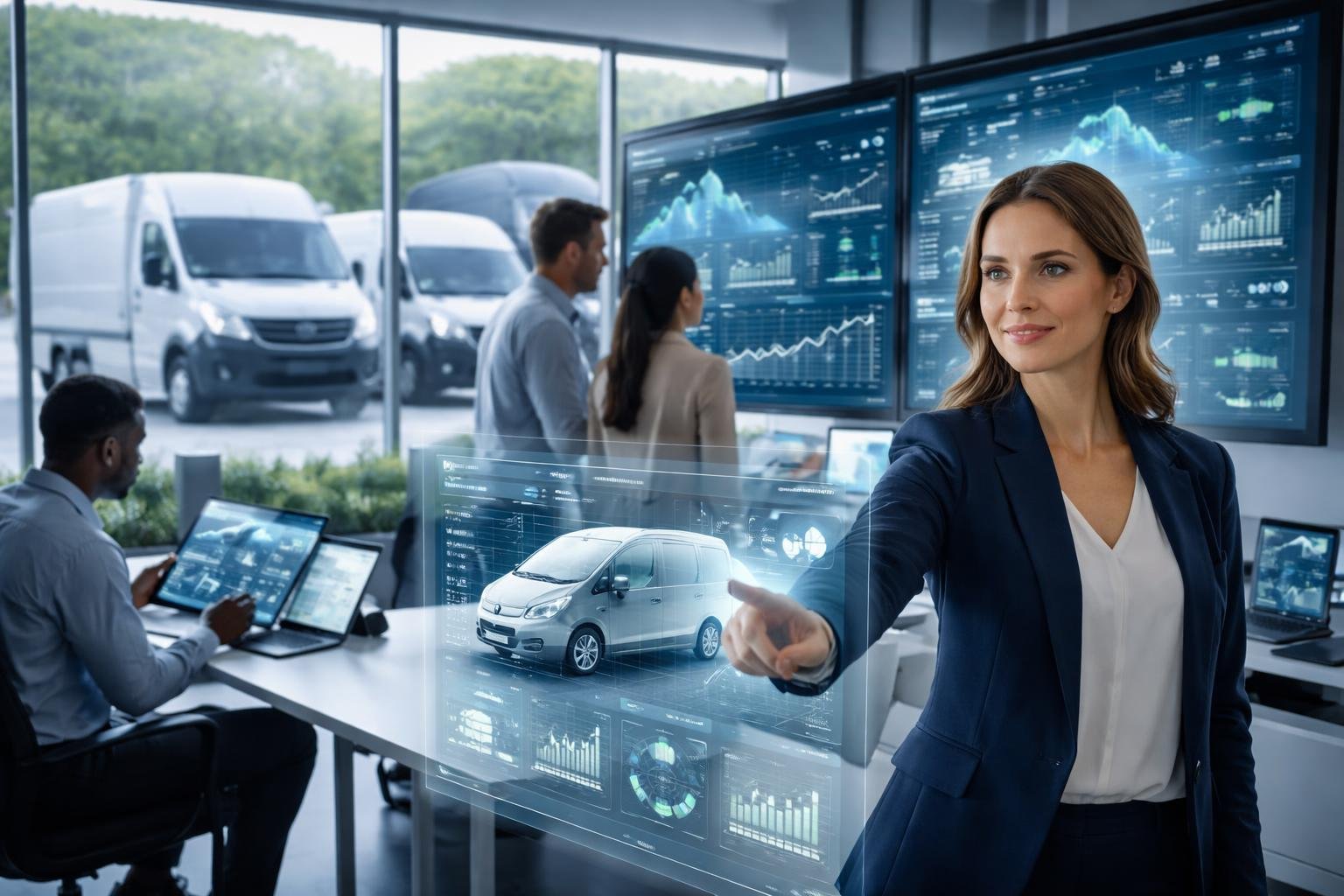 Professionals analyzing data on digital screens and tablets about electric vehicle fleets in a modern office with electric vans visible outside.