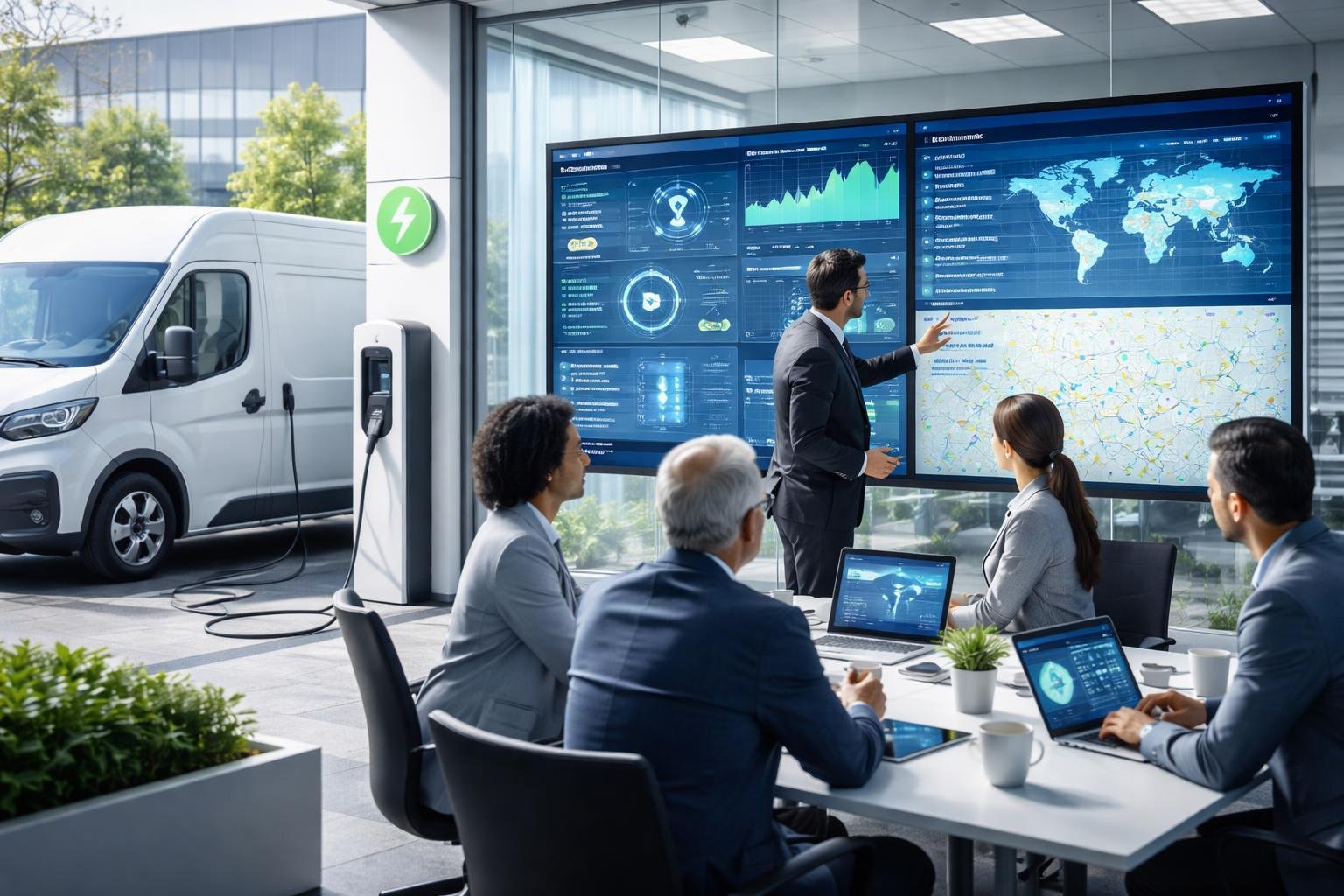 Professionals analyzing data on large screens with an electric delivery van parked nearby in a modern office setting.