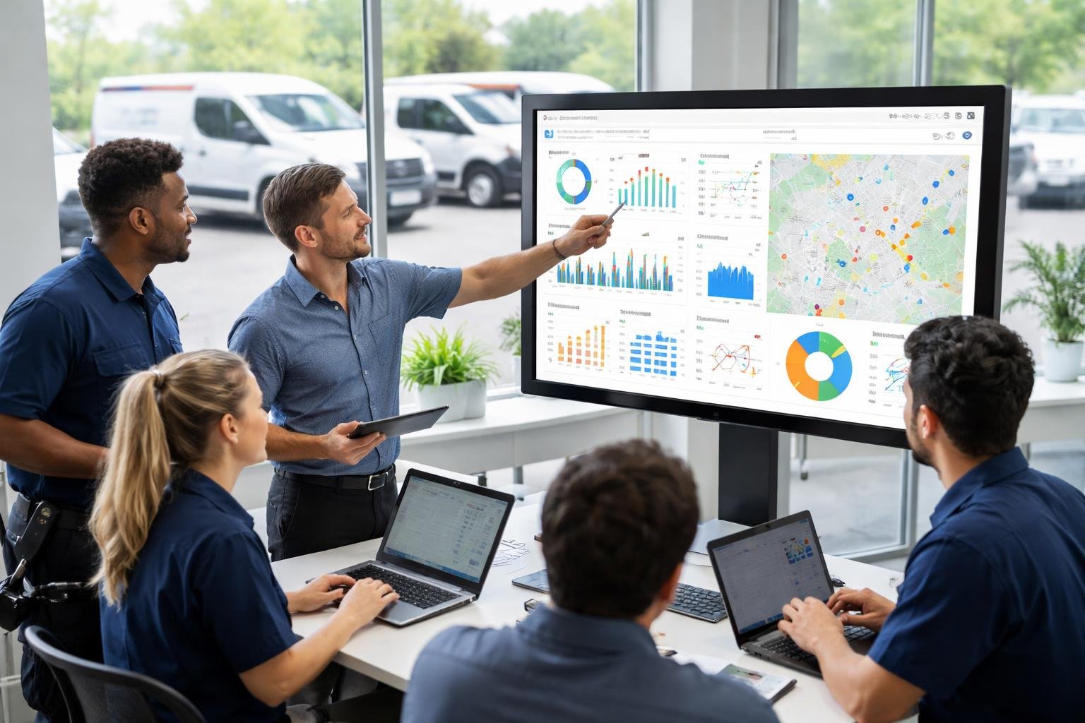 A team of HVAC technicians and managers reviewing a digital dashboard with fleet data in an office, with HVAC service vans parked outside the window.