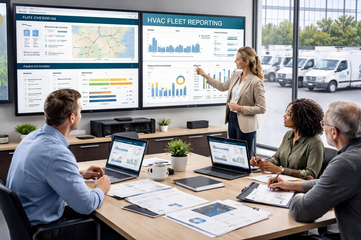 A team of professionals in an office reviewing HVAC fleet data on large digital screens with HVAC trucks visible outside the window.