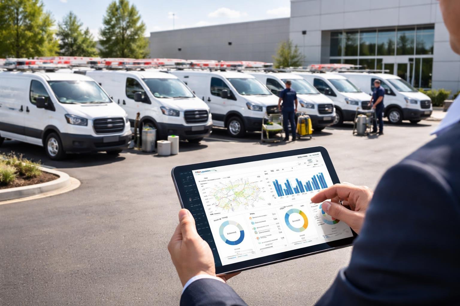 A business professional holding a tablet with fleet data in front of parked HVAC service vans and technicians preparing equipment.