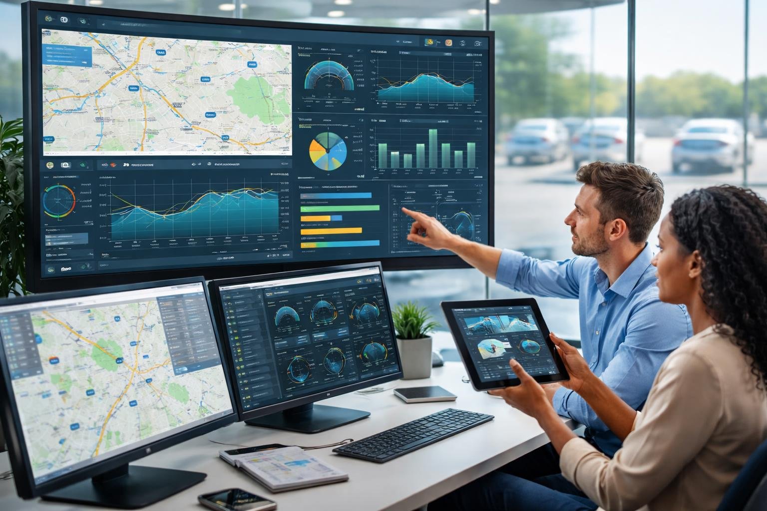 A team of professionals analyzing vehicle telematics data on digital screens in an office with a view of vehicles on a highway outside.