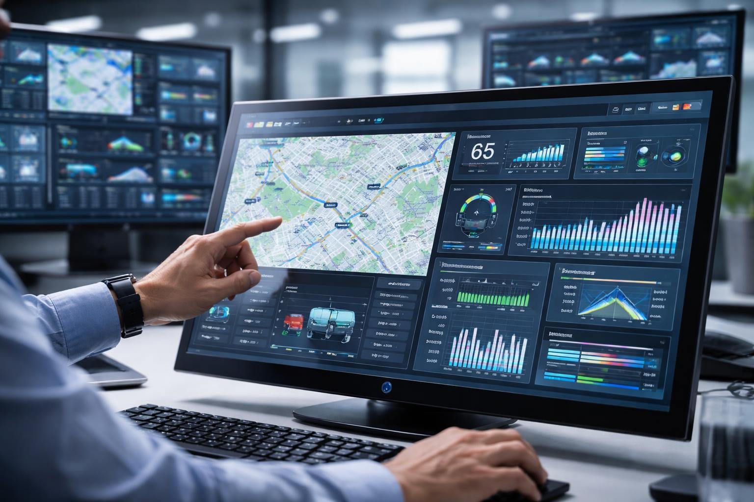 A person analyzing vehicle telematics data on multiple digital screens in a modern office setting.