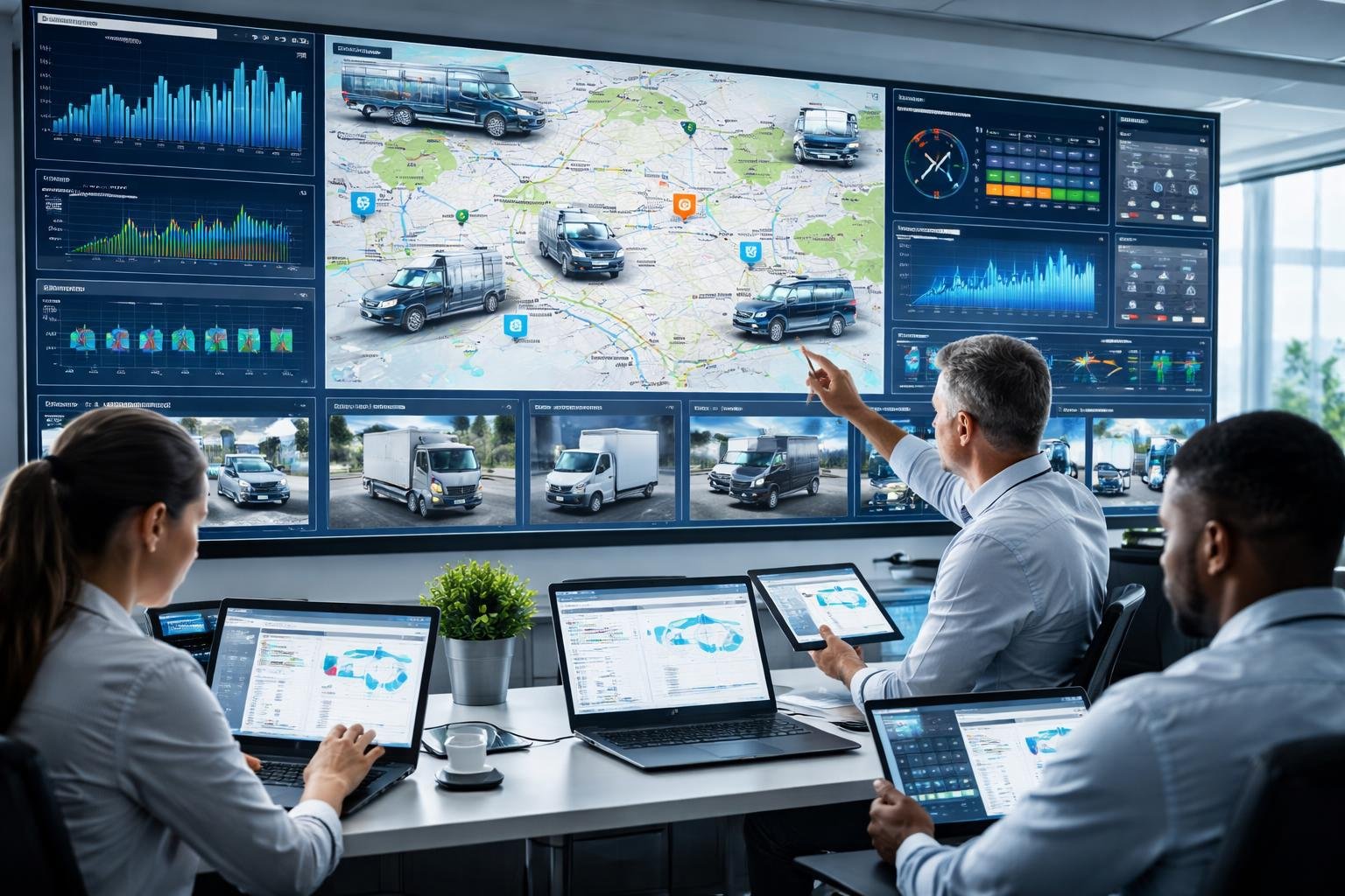 A team of professionals analyzing real-time vehicle data on large digital screens in a modern control room.
