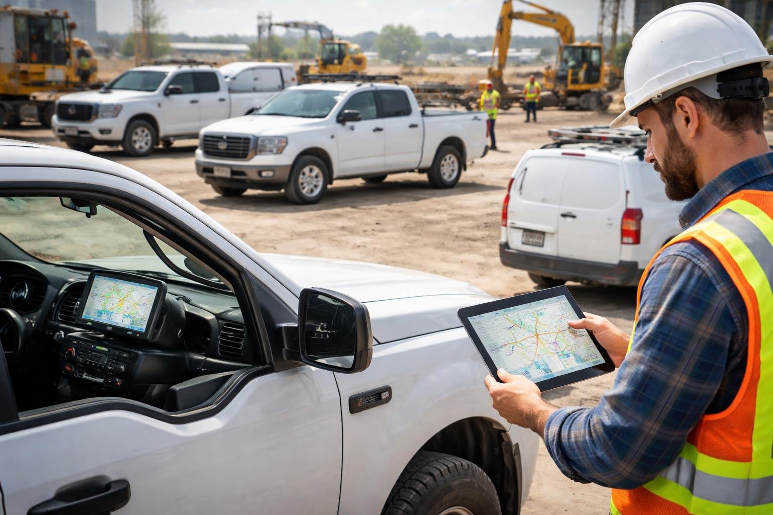 A fleet manager with a safety vest reviewing digital data on a tablet near contractor trucks at a construction site.
