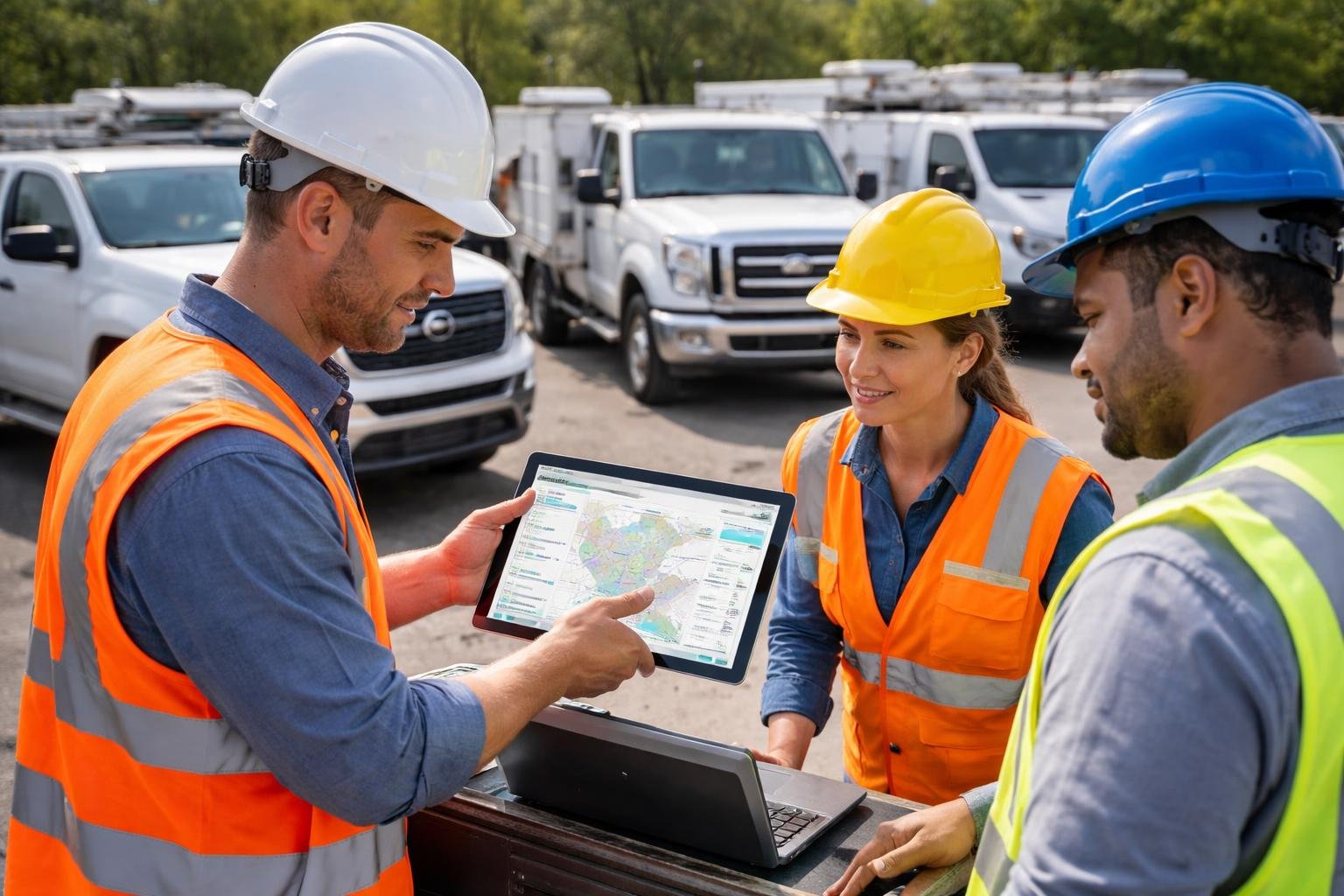 Contractors in safety gear using a tablet to manage a fleet of work trucks parked at a construction site.