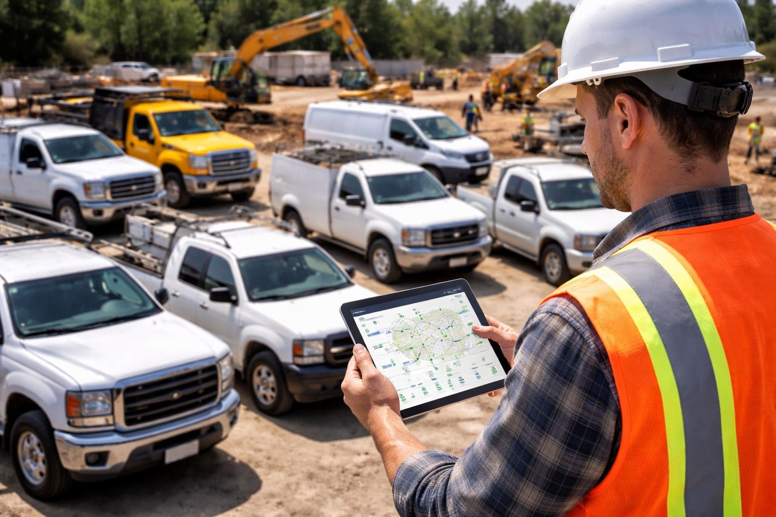 A contractor at a construction site holding a tablet showing fleet tracking information with various construction vehicles parked nearby.