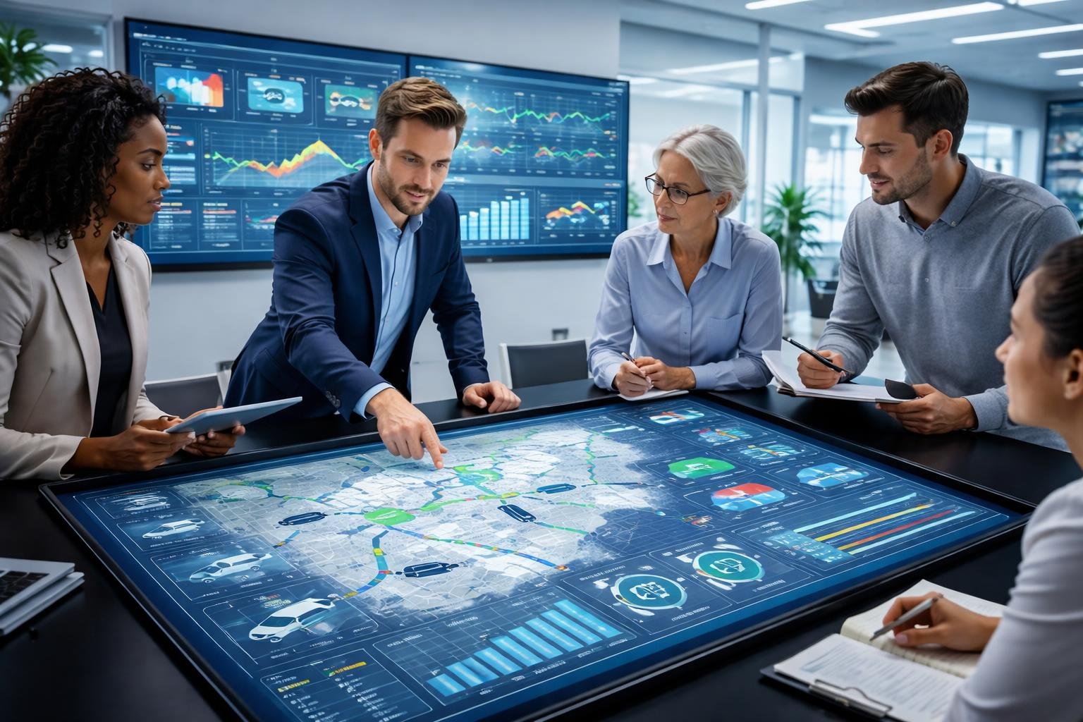 A team of professionals analyzing fleet management data on a large touchscreen table and wall monitors in a modern office.