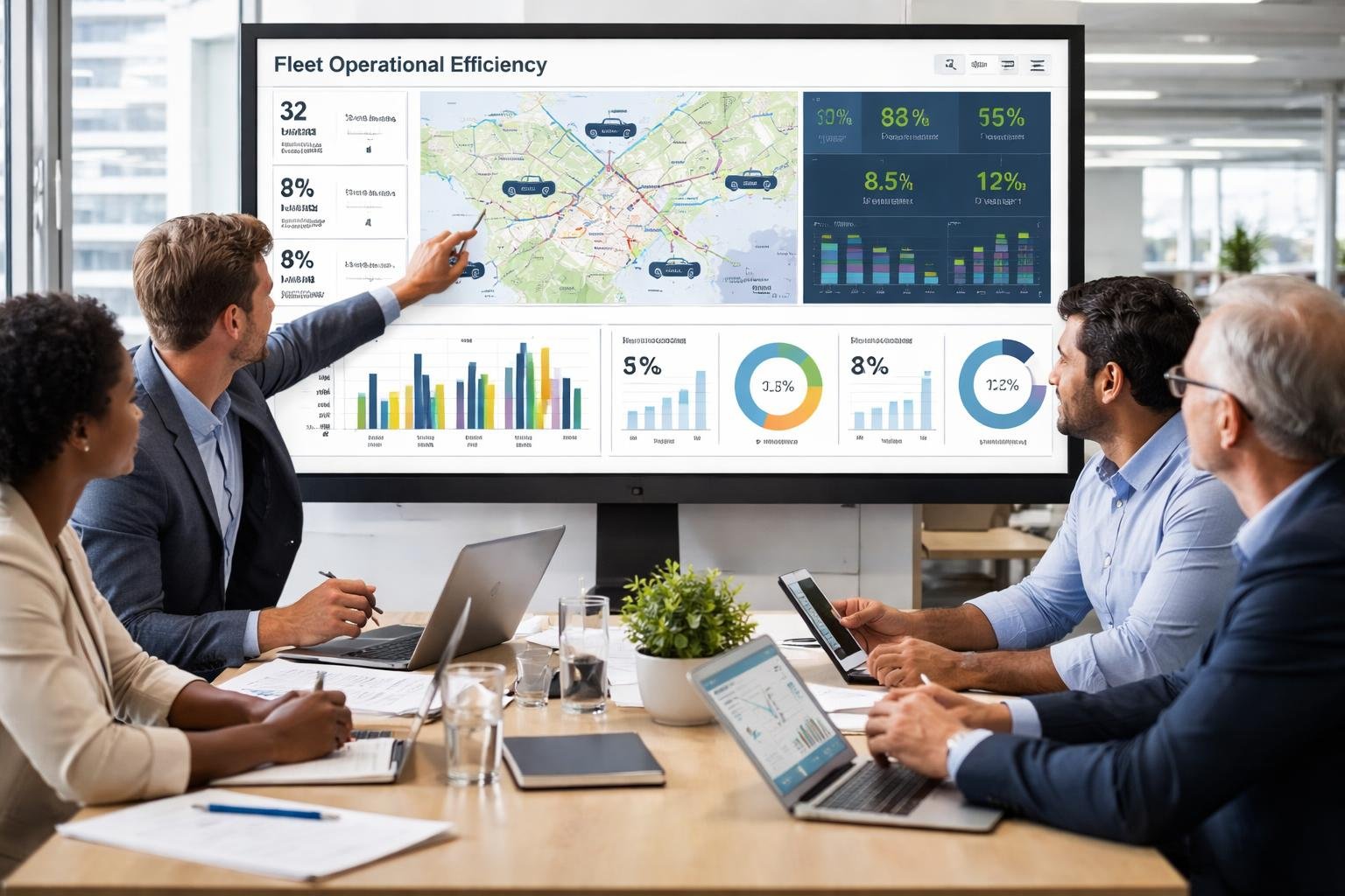 A group of professionals analyzing fleet management data on a large digital screen in a modern office.