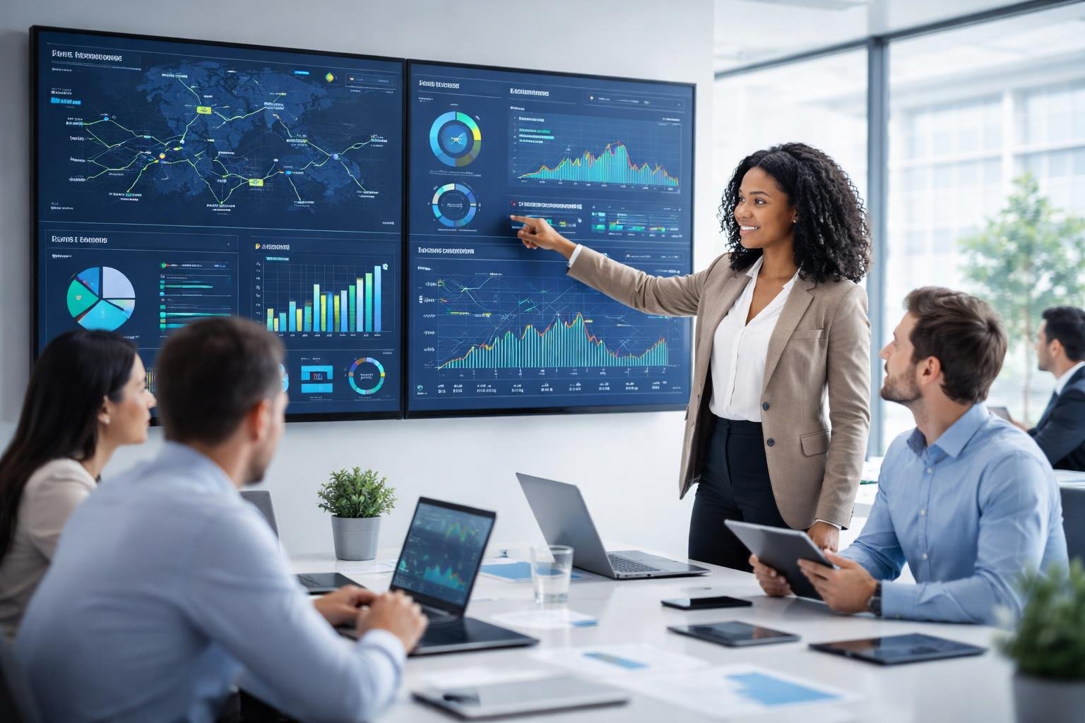 A group of professionals analyzing fleet data and metrics on large digital screens in a modern office.