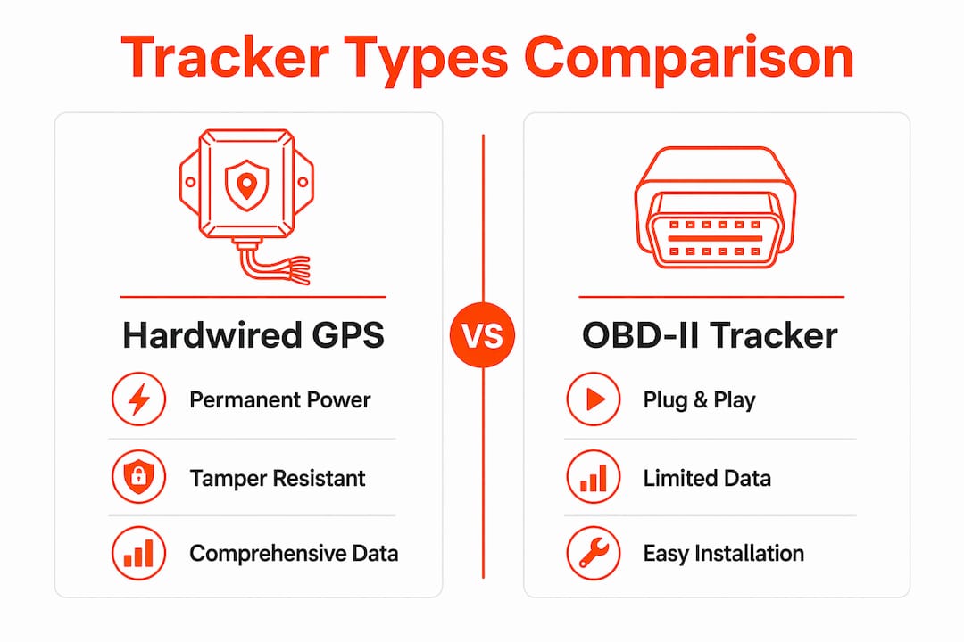 Infographic comparing hardwired and OBD-II GPS trackers