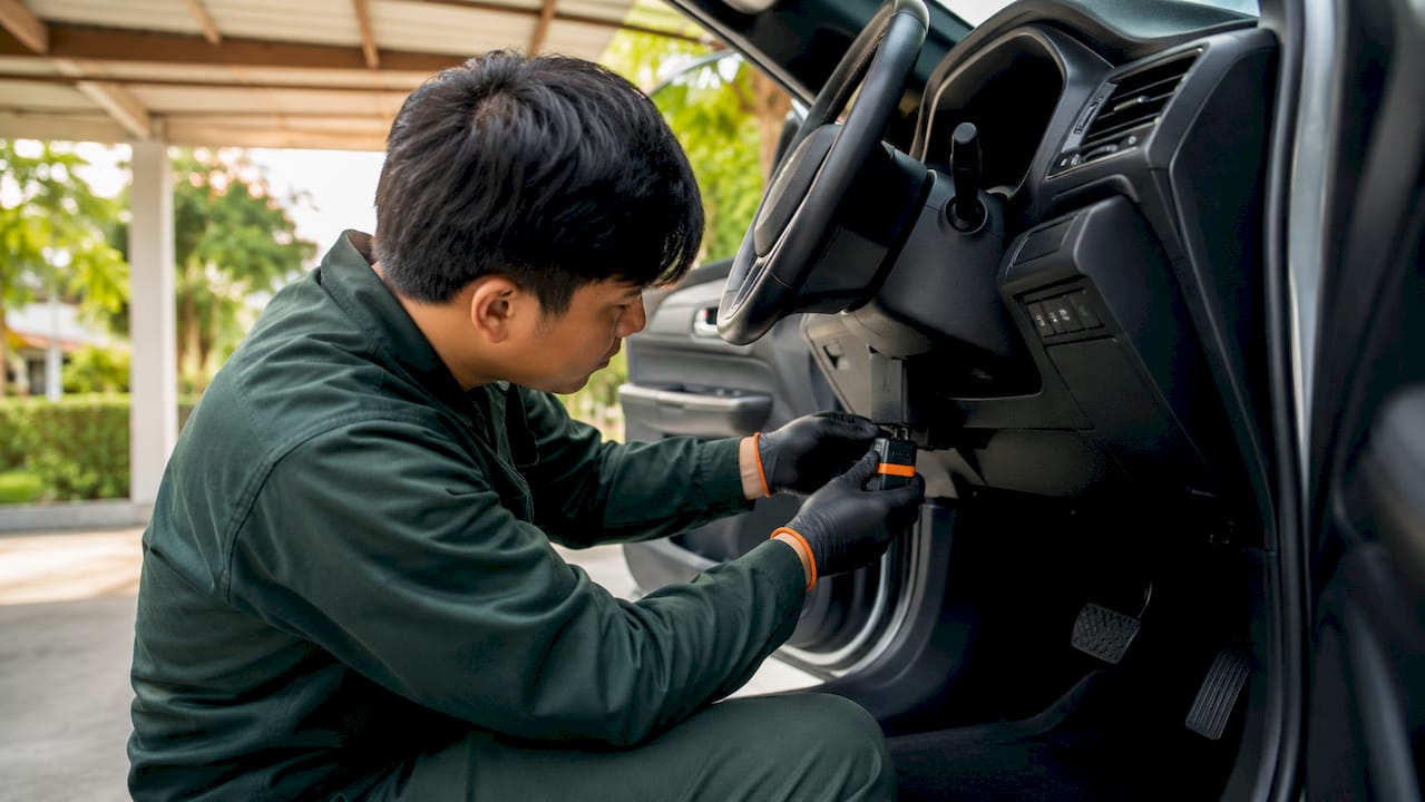 Close-up technician installing OBD-II tracker