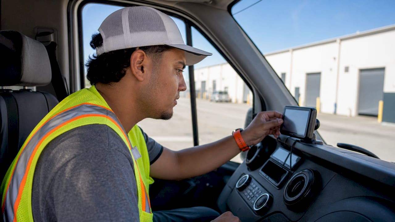 Fleet driver checking GPS device inside vehicle cabin