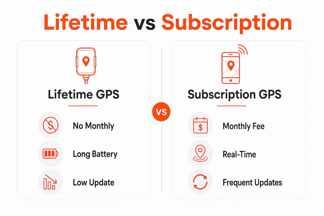 Infographic comparing lifetime and subscription GPS trackers