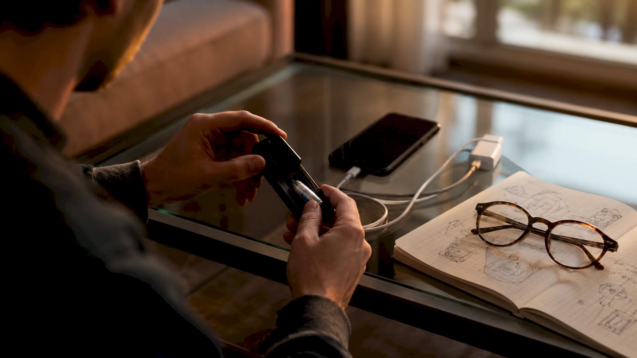 Hands examining GPS tracker battery compartment