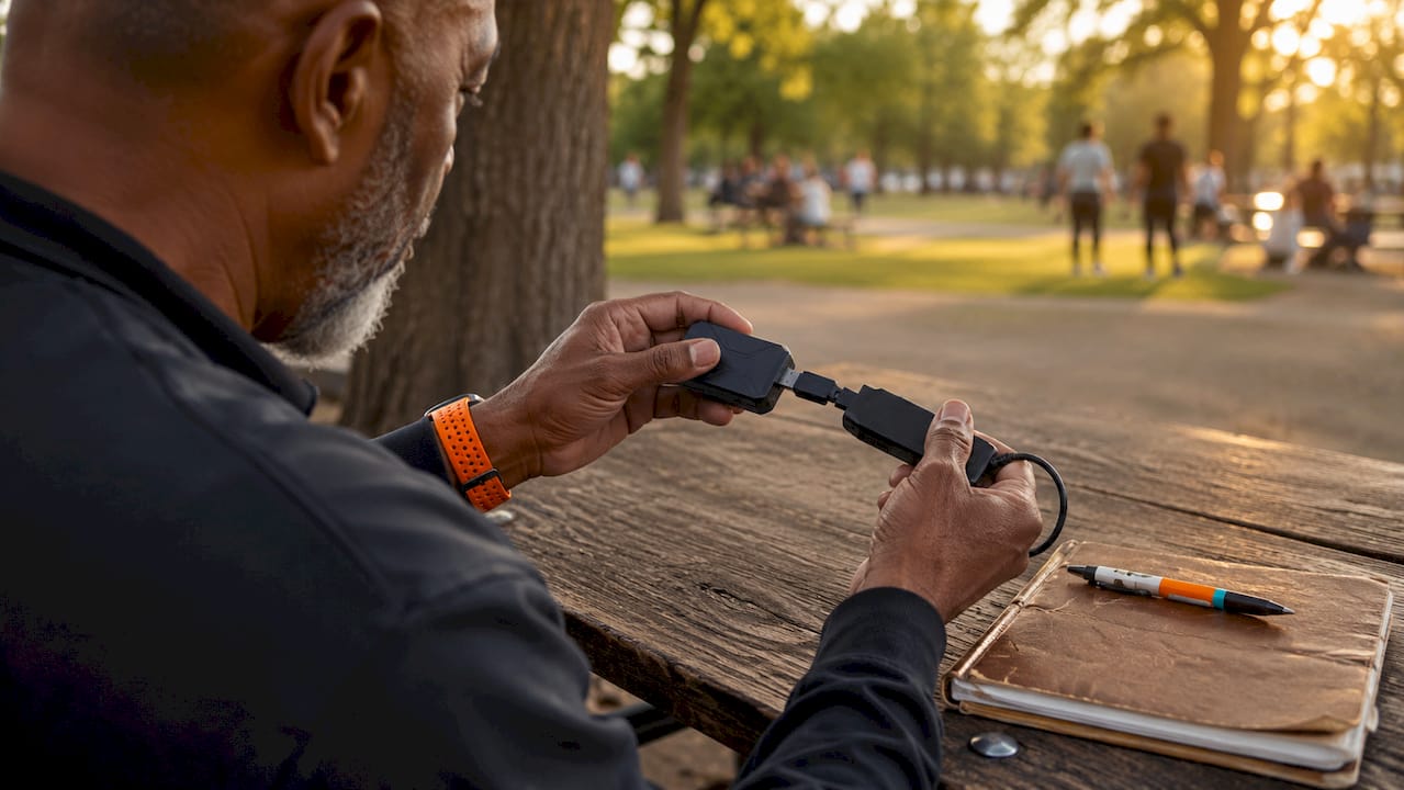 Technician connecting GPS tracker to diagnostic tool