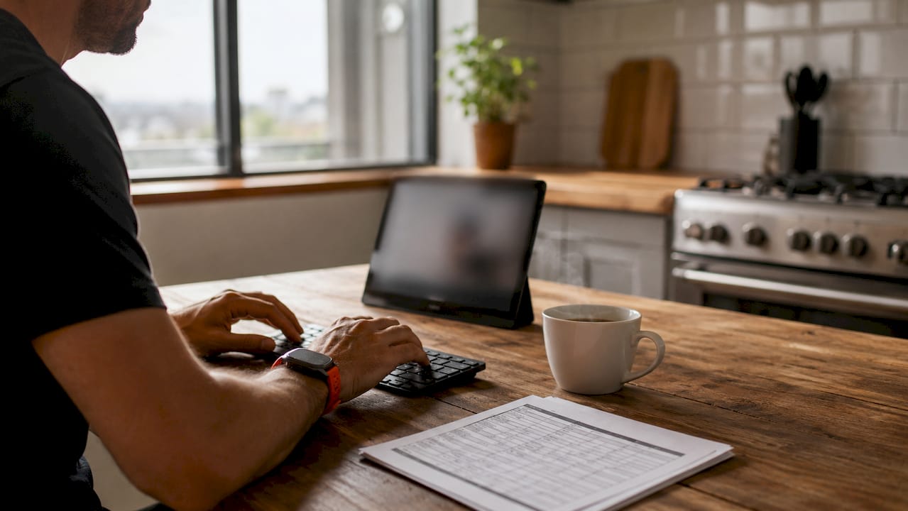 Hands typing telematics data in a workspace